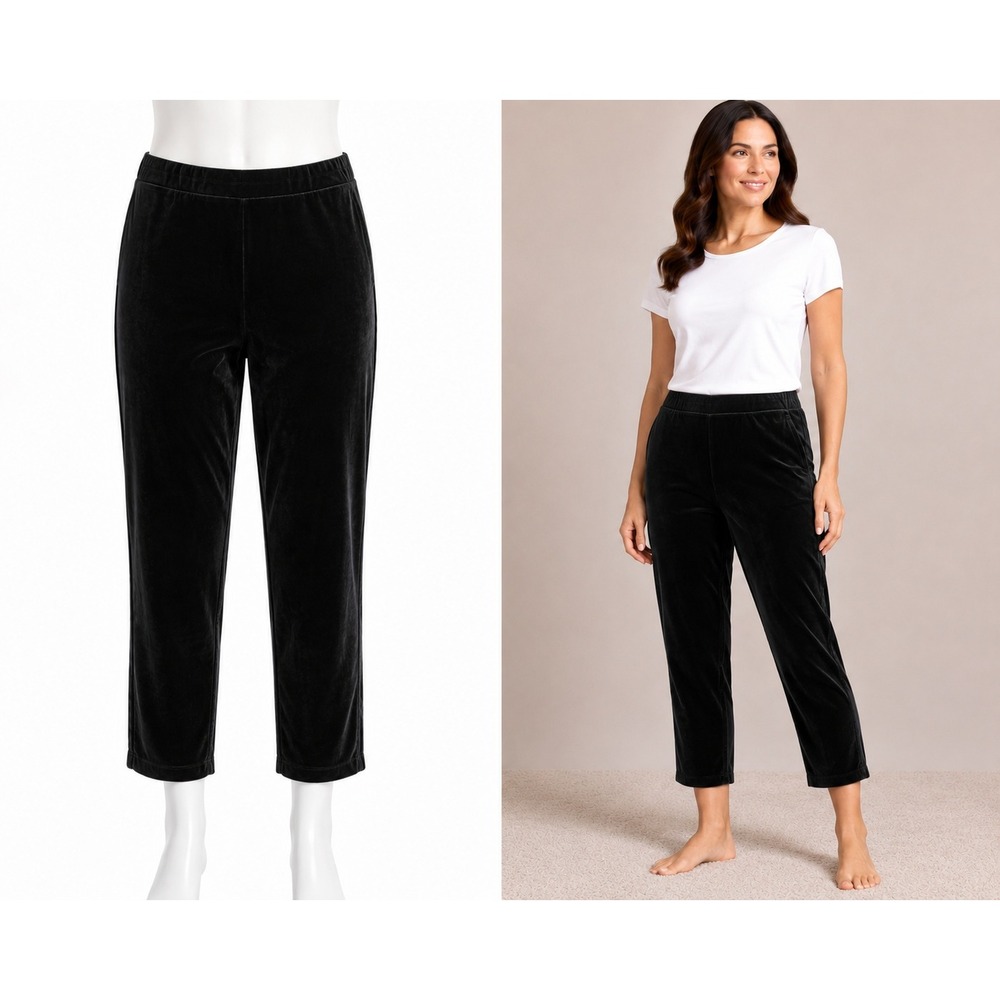 Susan Graver Velour Pants Women Medium Petite Black Straight Leg Stretch Comfort